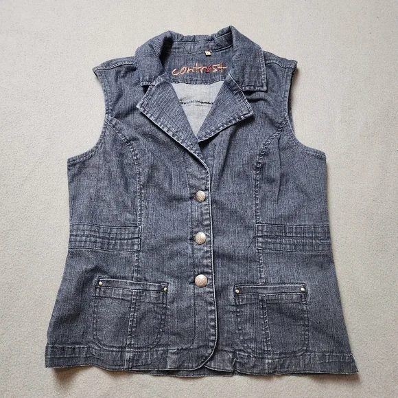 Denim Vest 90s Y2k Contrast Vest - Picture 1 of 7